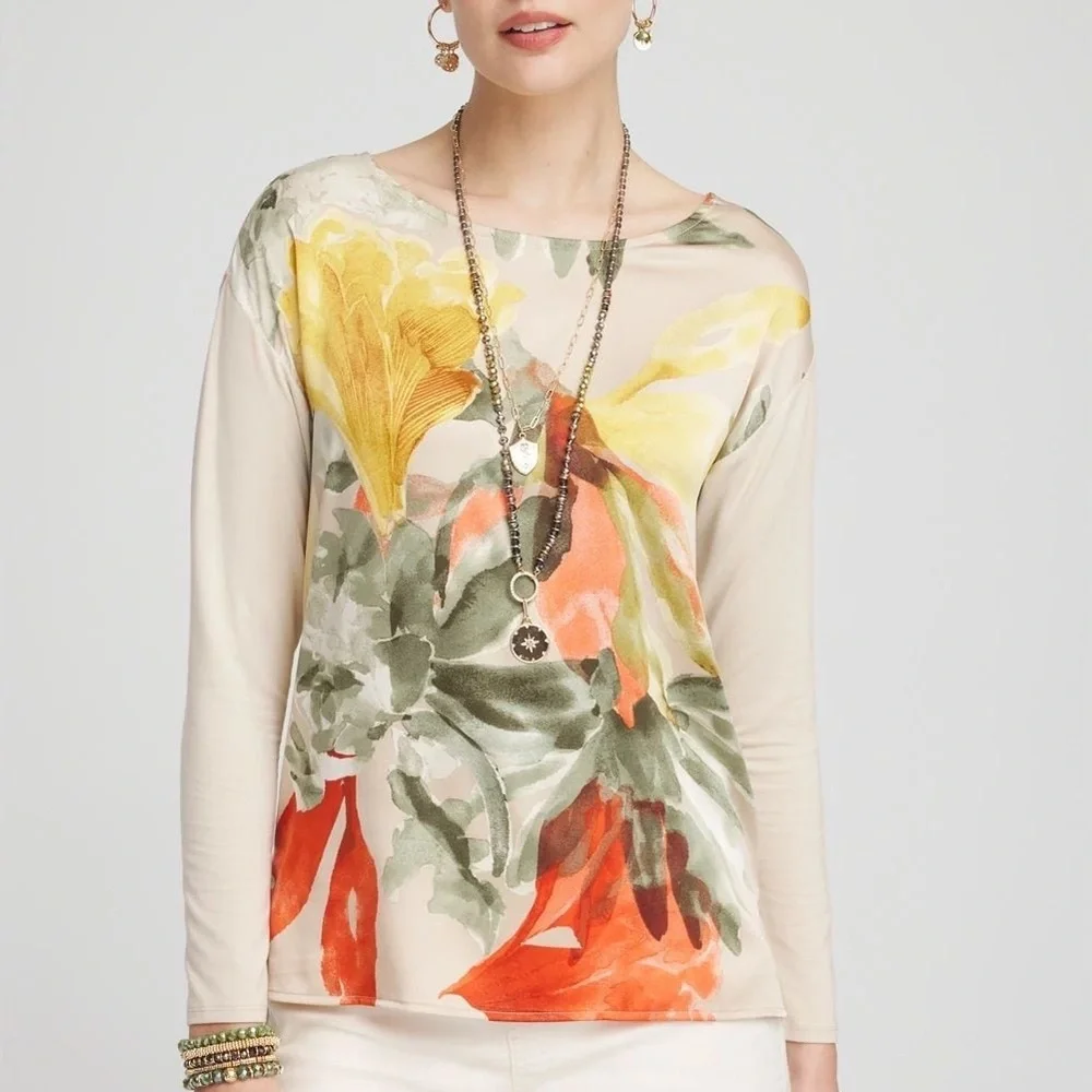Chico's Women’s Satin Garden Long Sleeve Tee Size 3 XL Beige Floral Scoop Neck